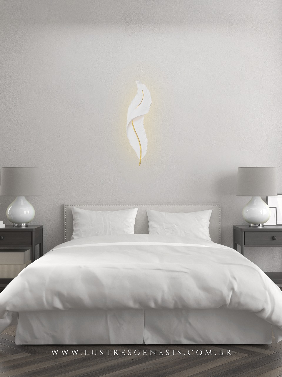 Arandela moderna de LED em formato de pena branca e detalhes dourados, ideal para quarto, cabeceira de cama, lavabo e quarto infantil.